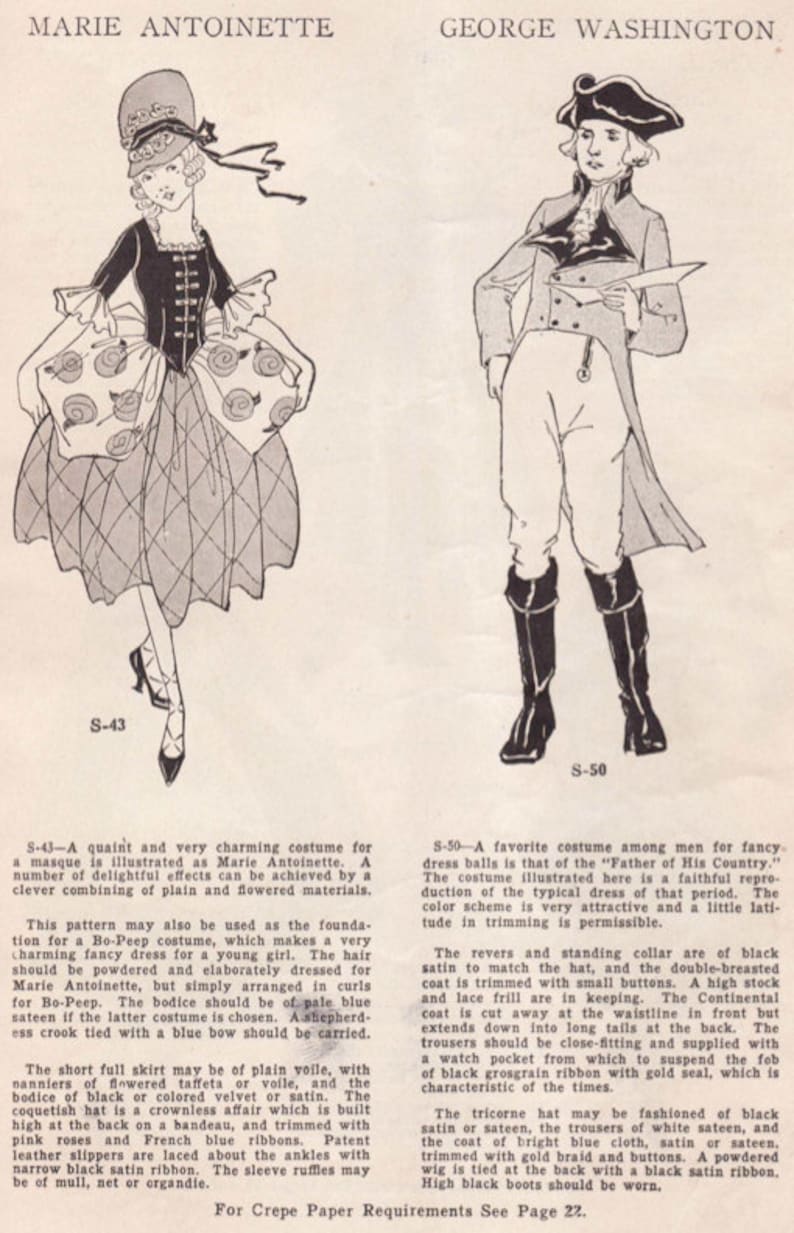 May include: Illustration of two historical figures: Marie Antoinette in a black and white dress with a hat, and George Washington in a coat and hat. The image is from a vintage crepe paper pattern.