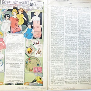 May include: A vintage advertisement for Royal Society Embroidery Package Outfits. The ad features a colorful illustration of children wearing embroidered clothing. The text reads "Royal Society Embroidery Package Outfits".