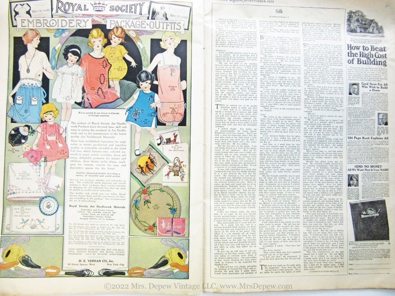 May include: A vintage advertisement for Royal Society Embroidery Package Outfits. The ad features a colorful illustration of children wearing embroidered clothing. The text reads "Royal Society Embroidery Package Outfits".