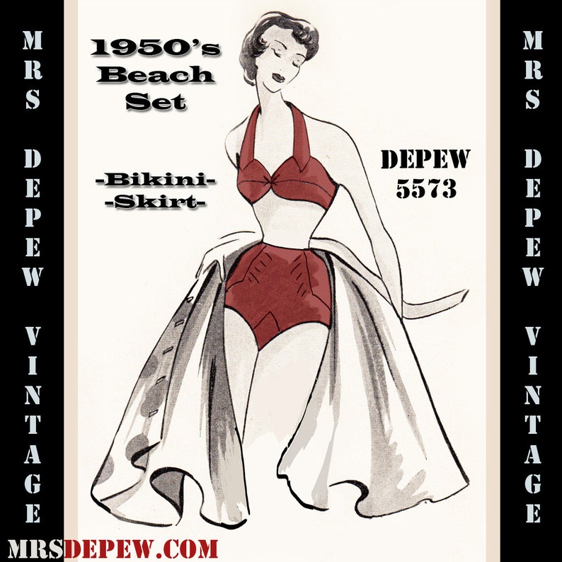 1950s Sewing Patterns | Dresses, Skirts, Tops, Mens Vintage Sewing Pattern 1950s Bikini and Skirt in Any Size - PLUS Size Included - Depew 5573 -INSTANT DOWNLOAD- $8.50 AT vintagedancer.com