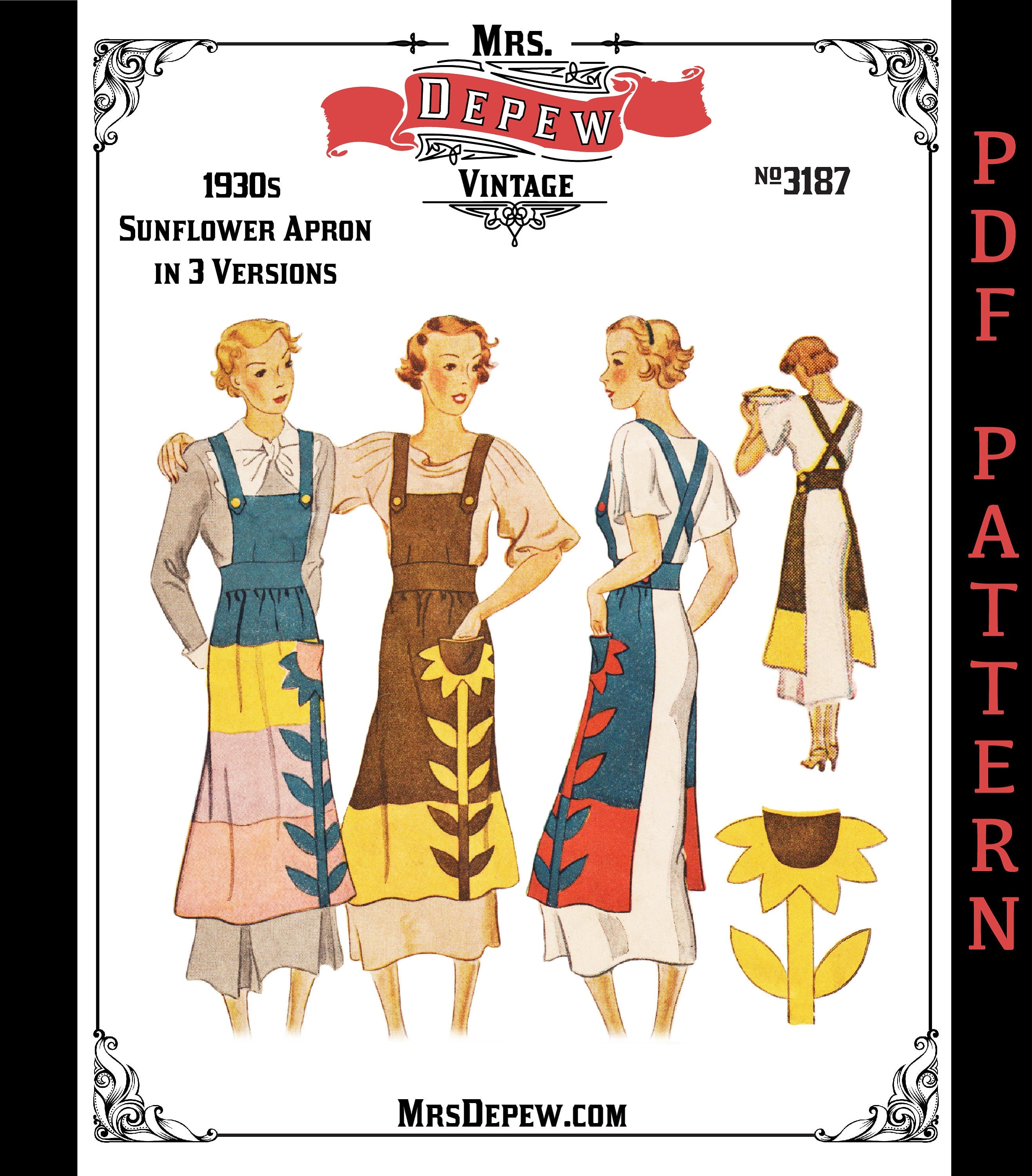 Vintage Sewing Pattern 1930s Ladies' Aprons With Sunflower