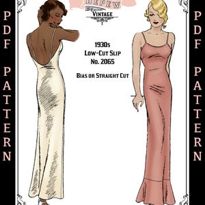 May include: Vintage PDF pattern illustration featuring two women in 1930s low-cut slips. The illustration includes the text "MRS. DEPEW VINTAGE", "1930s Low-Cut Slip No. 2065", and "BIAS OR STRAIGHT CUT". The dresses are floor-length.