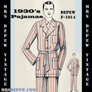 Menswear Vintage Sewing Pattern 1930's French Pajamas for Men in Any Size- Plus Size Included- Depew F-1014 -INSTANT DOWNLOAD-