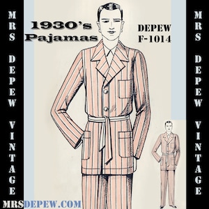 Menswear Vintage Sewing Pattern 1930&#39;s French Pajamas for Men in Any Size- Plus Size Included- Depew F-1014 -INSTANT DOWNLOAD-