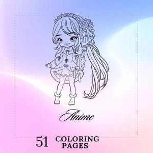 以下が含まれることがあります： 長い髪、ドレス、ブーツを身に着けたアニメキャラクターの白黒イラスト。 「Anime」の文字は筆記体で書かれています。 「51 Coloring Pages」のテキストが画像の下部にあります。