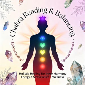 Może przedstawiać: Ilustracja przedstawiająca sylwetkę człowieka z symbolami czakr w różnych kolorach. Obraz zawiera tekst: "Chakra Reading & Balancing", "Holistic Healing for Inner Harmony" i "Energy & Stress Relief Wellness".