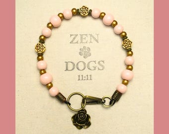 Cupid’s Rose, Flower Dog Necklace – Carved Bone Rose Bud Beads & Gold Accents, Reiki-Infused