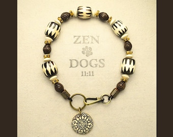 Balance, Beaded Dog Necklace – Carved Wood & Bone Beads, Mandala Pendant, Spiritual Dog Jewelry, Yin and Yang, Zen Dogs Gift