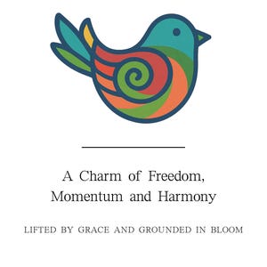 May include: A colorful bird illustration with the text "SPIRAL FLIGHT" and "ZEN SPIRIT CHARMS". The bird is teal, green, orange, and red, with the words "A Charm of Freedom, Momentum and Harmony" below.
