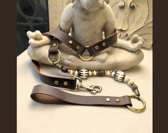 May include: A brown leather dog collar and leash set with brass hardware and decorative beads. The collar and leash are made of dark brown leather and feature gold-colored metal rings and clasps. The beads are white, black, and brown.