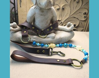 May include: A brown leather dog harness and leash set with brass-colored hardware. The leash features a beaded strand with blue beads and fish-shaped charms. The harness is designed to fit around the dog's chest.