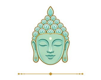 May include: A teal Buddha head illustration with closed eyes and a serene expression. The image includes the text "SACRED STILLNESS" above and "CALM, PRESENCE & QUIET MIND" below, all on a white background.