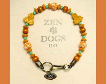 Sacred Frog Beaded Dog Necklace – Carved & Hand-Painted Beads, Copper Evil Eye Pendant, Reiki-Infused Pet Jewelry