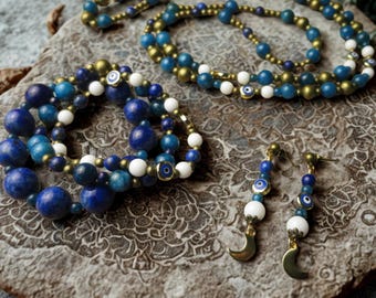 Moon Guardian Collection | Evil Eye Jewelry Set | Mala Necklace, Bracelet Trio & Earrings | Spiritual Jewelry | Reiki Infused Gift