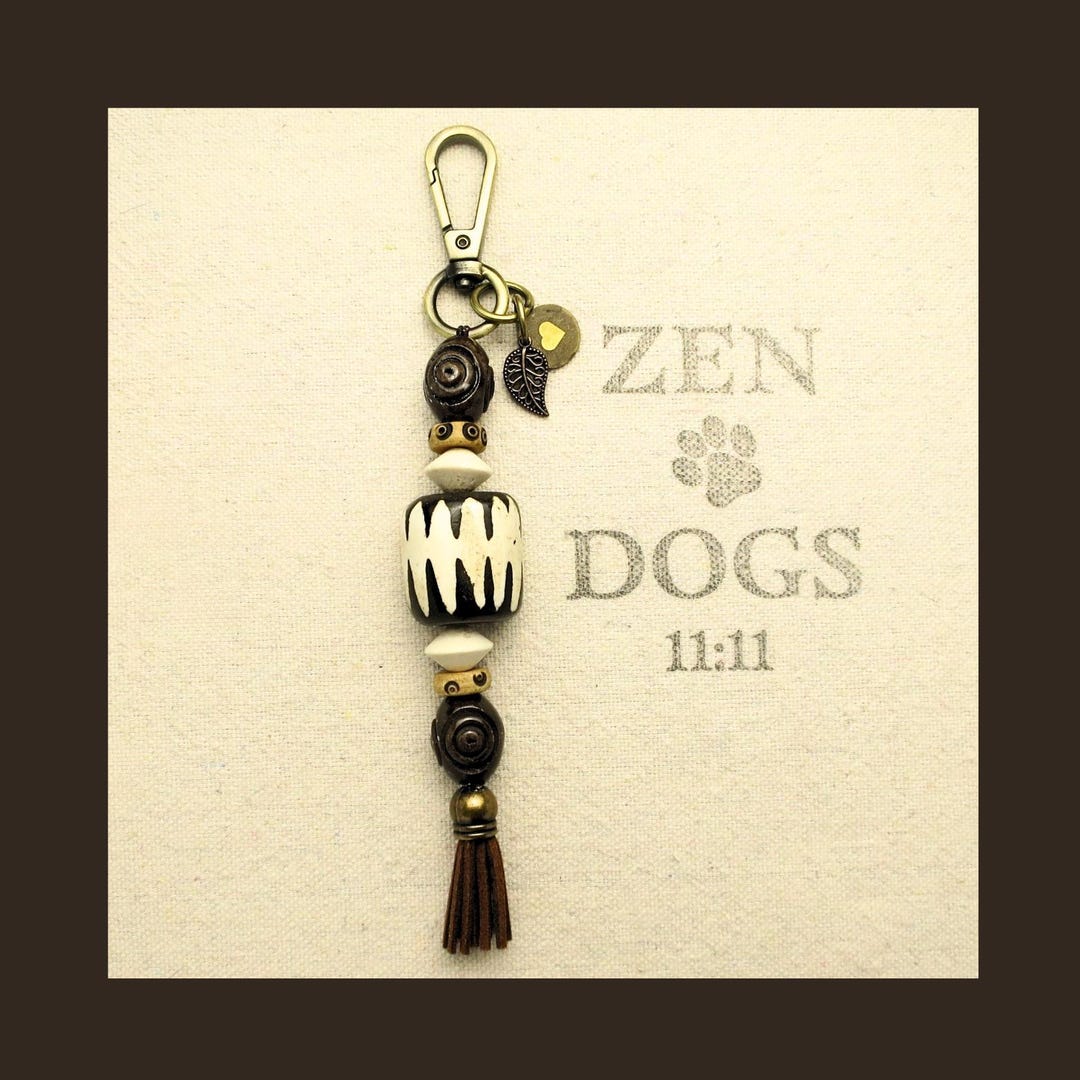 Zen Keychain Balance Beaded Dangle Keychain – Carved Wood & Bone With Leaf Charm ...