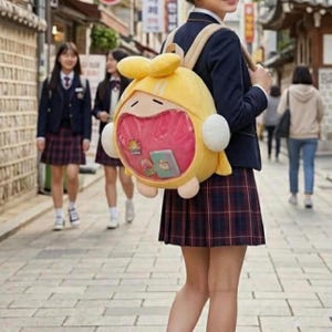 Może przedstawiać: Żółty pluszowy plecak z motywem z kreskówki, z dużymi otwartymi ustami odsłaniającymi przezroczystą kieszeń z małymi przedmiotami w środku. Plecak ma białe akcenty.