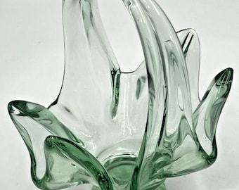 Vintage MCM Hand Blown Stretch Swung Glass Basket Vase Light Green 6.75" T
