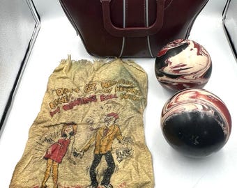 5-Pin Bowling Ball Set, Scorpion Rubber Balls with Case, 1970s Retro Sports Decor, Mid-Century Bowling Collectible