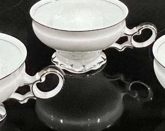 Mikasa Marlboro Tea Cups Set of 3, 1960s Fine China Footed Teacup 9267, White with Platinum Trim Replacement Dishware