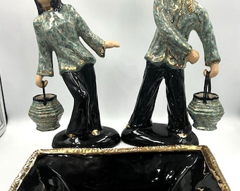 VTG Signed Hedi Schoop California Pottery Asian Couple w/Baskets & Planter 1940s