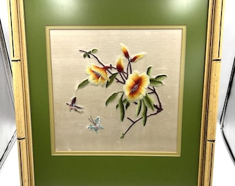 VTG Japanese Silk Embroidered Butterflies Flowers 17.5 x 14.5 Framed Matted
