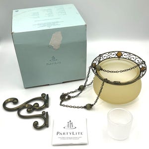 PartyLite Paris Retro Hanging Frosted Amber Glass Tealight Votive Candle Lamp