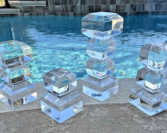 4 Lucite Acrylic Sculptures 6"-12" T Modernist Abstract Stacked Cube Art VTG 70s