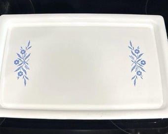 Corning Ware Broil Bake Tray With Cradle P-35-B Blue Cornflower | 16x10.5 MCM Ceramic Glass Roaster | Rectangle Serving Dish & Metal Rack