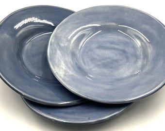 Pottery Barn Sausalito Slate Blue 10" Salad Blates Set of 3 | Deep Rim Ceramic Bowls | Denim Rustic Stoneware Plates | Discontinued