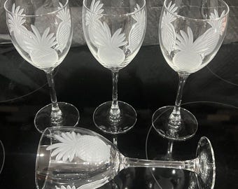 Set of 4 Rolf Glass Etched Pineapple Crystal Wine Glasses, Vintage 90s USA