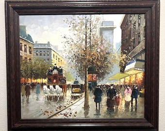 Max Taylor Signed Parisian Street Scene Oil Painting Canvas Framed 29x25" VTG