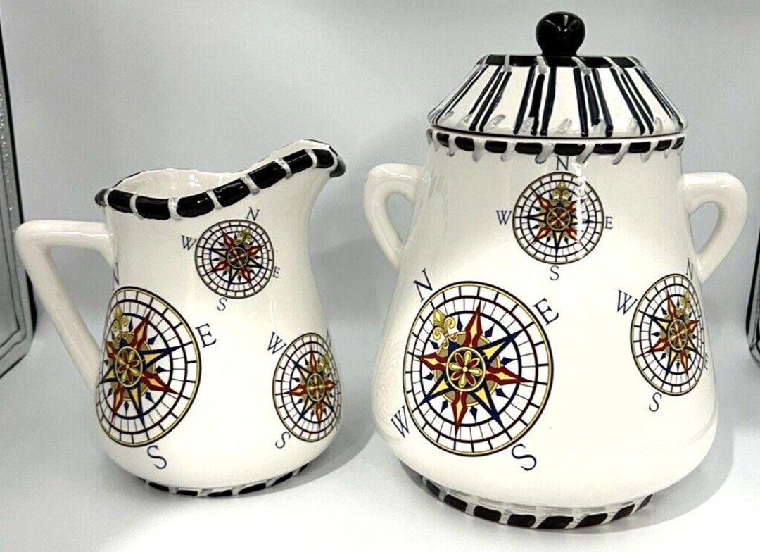 3pc Set Nautical Compass Ceramic Pitcher & Canister W/lid Heartfelt ...