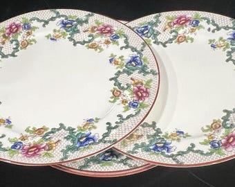 Cauldon England Dinner Plates Set of 4 | 10.5" Antique Bone China | Pattern 9617 Gold Lattice Floral | Edwardian Grandmillennial Porcelain