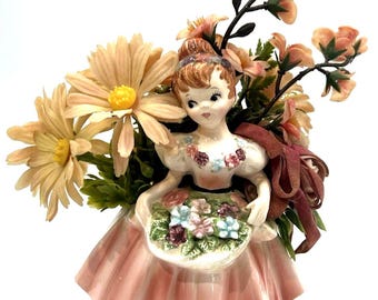 Vtg 1962 Relpo Pflanzer Samson Import Co Mädchen w / Blumenkorb Figur Japan MCM