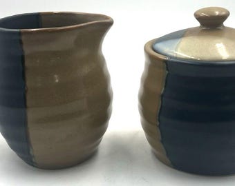 Creamer and Sugar Bowl Set with Lid, Sango Gold Dust Blue Pattern 5041, Speckled Stoneware Coffee and Tea Serveware, Replacement China
