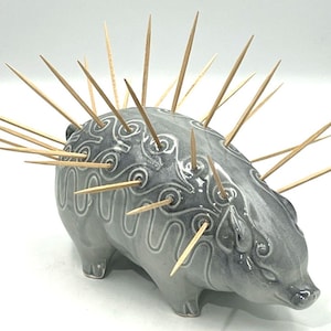 May include: A gray ceramic hedgehog toothpick holder with wooden toothpicks inserted. The hedgehog has decorative swirl patterns and is on a white surface. The toothpicks are evenly spaced around the body of the hedgehog.