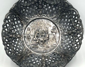 Antique Derby Silver Plate Basket, Victorian Repoussé Footed Bowl, Dutch Scene #01210, Ornate Vintage Decor, Giftware