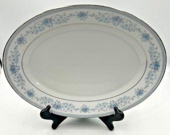 Oval Serving Platter | Noritake Blue Hill Fine China | 12x9 Inch Platters | Platinum Trim Dish | Blue Floral Tableware