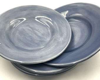 Pottery Barn Sausalito Slate Blue 10" Salad Blates Set of 4 | Deep Rim Ceramic Bowls | Denim Rustic Stoneware Plates | Discontinued
