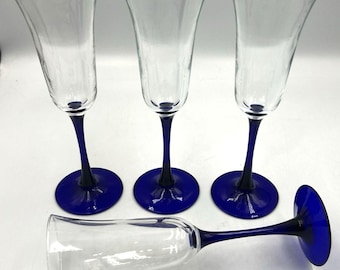 Cobalt Blue Champagne Flutes | Luminarc Americana Stemware | 4 Piece Barware Set | Trumpet Glassware | Retro Blue Drinkware
