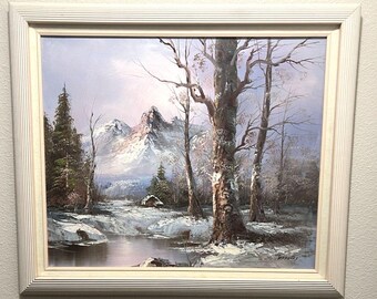 Signed Oil Painting on Canvas Framed 29x25 Snow Mountain Landscape Scene Bradley