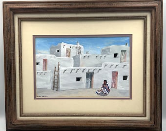 Framed Original Gouache Painting Native American | Southwest Pueblo Adobe Art | Donna Marque Signed 18x15