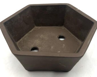 Japanese Tokoname Ware Bonsai Pot Unglazed Purple Clay Hexagonal 6" x 2" T