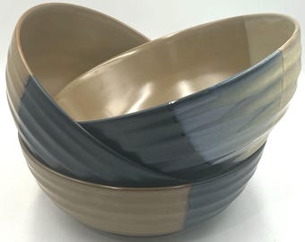 Set of 3 Large Serving Bowls, Sango Gold Dust Blue 9.25" Stoneware Vegetable Bowls, Pattern 5041, Rustic Blue Tan Ceramic Serveware