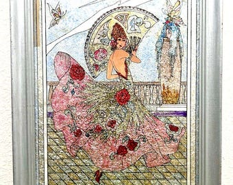Art Nouveau Colorful Reverse Painted Foil Art Dancing Lady Flamenco Dancer 1940s Framed