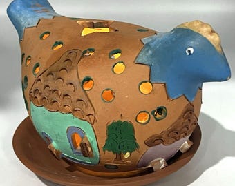 Mexican Folk Art Terracotta Bird Luminaria, Hand Painted Clay Candle Holder, Village Scene Tea Light Burner, Southwestern Home Decor Gift