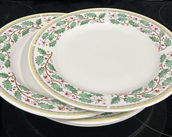 4 Gibson Holiday Harmony Christmas Charm Delight Dinner Plate 9 7/8" Yellow Band