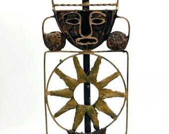 VTG African Tribal Folk Art Mask Metal Sculpture Pillar Candlestick Holder 13.5"