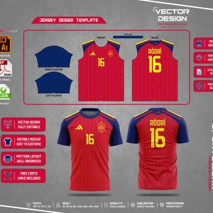 Könnte beinhalten: Eine Designvorlage für ein rot-dunkelblaues Sporttrikot mit dünnen vertikalen gelben Streifen, der gelben Nummer 16 und dem Namen RÖDRÍ auf der Rückseite. Die Grafik zeigt Vorder- und Rückansichten des Trikots, separate Ärmelmuster und beschriftete Textfelder.