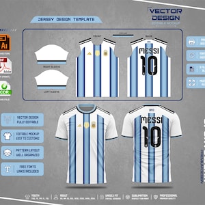 Puede incluir: Una plantilla de diseño de camiseta digital que muestra una prenda deportiva a rayas blancas y azul claro con el nombre MESSI y el número 10 en la espalda. El gráfico incluye vistas frontales y traseras, patrones de mangas e iconos de archivos.